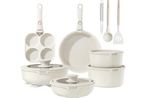 YASHE Batterie de cuisine 20 pièces, Revêtement antiadhésif, poignées amovibles, induction et four jusqu'à 230 °C, lave-vaisselle, empilable, blanc – Idéale pour les familles