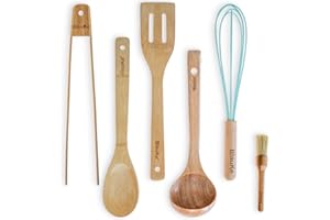 BLAUKE Set di Utensili da Cucina in Legno – Kit di 6 Accessori da Cucina (Spatola, Paletta per Cucina, Pennello, Pinza, Cucchiaio in Legno, Mestoli, Frusta) – Attrezzi da Cucina in Bamboo Naturale Ecologico