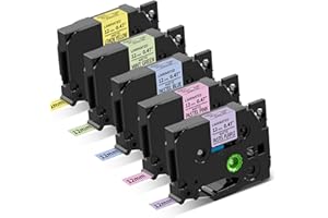 Aken Compatible TZe Label Tape 12mm with Brother P Touch Label Printer Tape Compatible with Brother PT-1000 H100R H110 D210 D400, Black on Yellow/Green/Pastel Purple/Pink/Blue