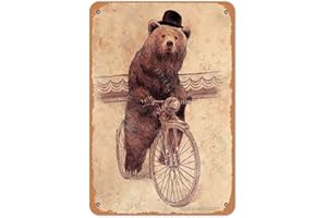 TARIKA Plaque de décoration murale amusante en fer avec ours sur un vélo - 20,3 x 30,5 cm - Pour la maison, la cuisine, la salle de bain, le jardin, le garage
