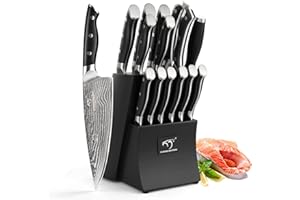 NANFANG BROTHERS Set di Coltelli da Chef Damasco 15 Pezzi, Ceppo di Coltelli in Legno di Faggio, Giapponese Set di Coltelli da Cucina VG10 Steel 67 Strati Lame in Acciaio Damasco Nero