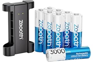 Zepath 8 x AA Rechargeable Lithium Batteries With 2 Slot Charger, High Capacity 3000mAh Lithium AA Battery 1.5V Constant Output 1600 Cycles, Rechargeable Battery Charger Fast Charging