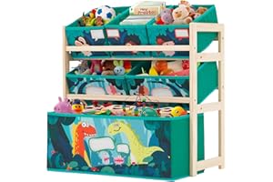 NUKIED Kids Toy Storage Organizer 3-Tier Wooden Children Storage Rack with 6 Detachable Storage Bins Extra Large Capacity Bookshelf Bookcase for Playroom, Nursery and Kids Room Boys Girls