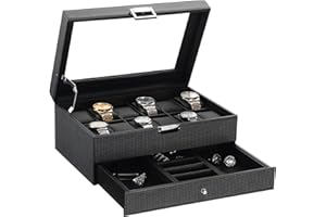 BEWISHOME Organizer na zegarek z 12 przegródkami na zegarek z szufladą do samochodu, męskie etui na zegarki dla mężczyzn z prawdziwym szklanym blatem, 2-warstwowy pasek do zegarka, metalowy zawias,