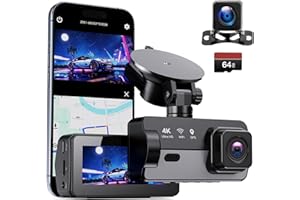 EVARY 4K Dash Cam Front and Rear Built-in 5GHz WiFi W/ 64GB Card 4K Dashcam Front + 1080P Rear Car Camera W/Super Night Vision, Loop Recording, Parking Mode, App Control, 150 ° Wide Angle