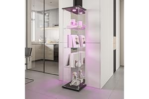 BLSYHDH Vitrina de Cristal con LED - Armario con 1 Puerta y 4 Estantes Transparentes para Colección, Gabinete con Efecto Espejo para Salón y Bar (4 Pisos)