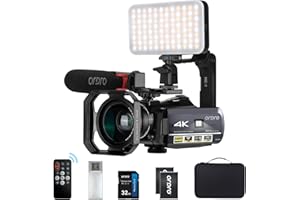 ORDRO 4K Caméra AC3 1080p 60fps Vlog IR Vision Nocturne WiFi avec Microphone, Objectif Grand Angle, Lampe Vidéo LED, Support de Poche, Boîte de Stockage et Carte SD 32GB