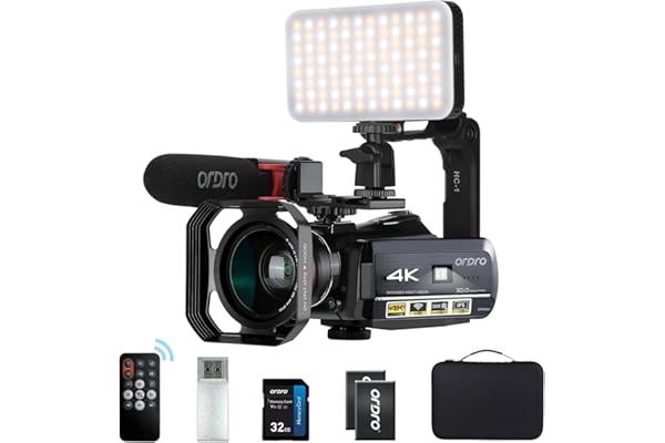 ORDRO 4K Caméra AC3 1080p 60fps Vlog IR Vision Nocturne WiFi avec Microphone, Objectif Grand Angle, Lampe Vidéo LED, Support de Poche, Boîte de Stockage et Carte SD 32GB