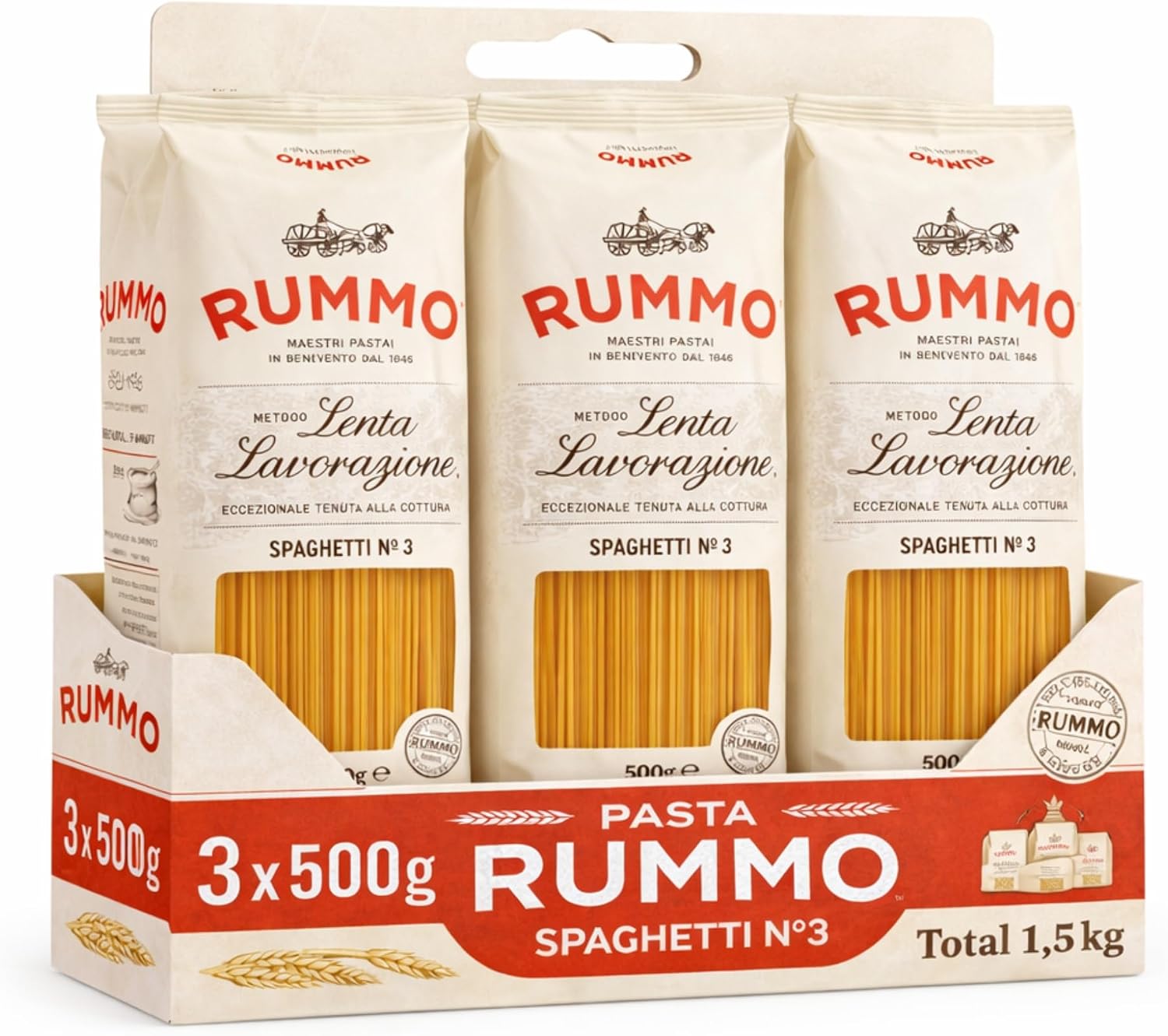 Spaghetti Rummo Nº3, Pasta Italiana, Pasta alimenticia de sémola de trigo duro, Contiene gluten, Puede contener trazas de soja, 3 Paquetes de 500 gr