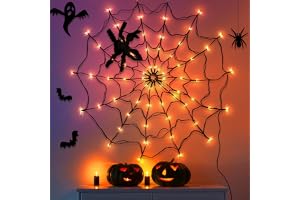 CNMTCCO Upplyst halloween-spindelduk med plyschspindel, 70 LED, orange inomhusHalloween-dekoration, Spindelduk ljusslinga för