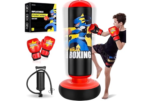 Esnowlee Punching Ball avec Gants de Boxe et Pompe, Sac de Boxe Enfant 168 cm - Idéal pour Karaté, Taekwondo, Cadeau Parfait pour Garçons & Filles de 5 à 12 Ans
