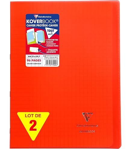 Cahier Clairefontaine Koverbook A4 – 96 Pages Grands Carreaux, Couverture Polypro Transparente, Fabriqué En France