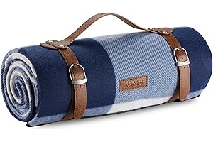 VonShef Picnic Blanket, Blue & White Tartan Outdoor Rug with Waterproof Backing, 6 Person Weatherproof Picnic Mat with Faux Leather Handle, Water Resistant Camping Accessories, 147x180cm