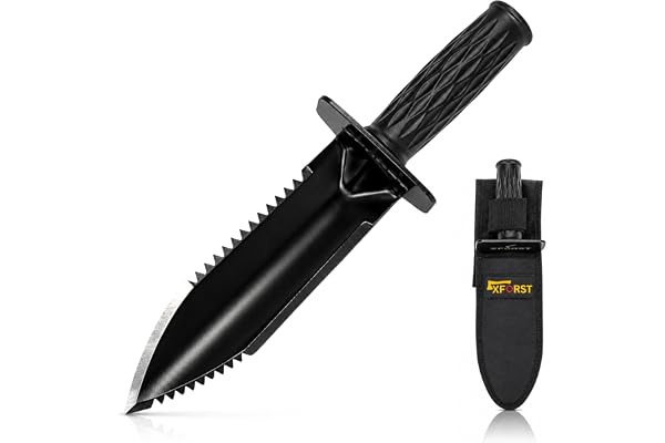 Xforst Grävkniv med extra vass blad - Hori Hori handspade och metalldetektor av manganstål med dubbla tänder med mätskala och bältesskal