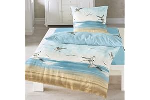 ‎TRAUMSCHLAF Traumschlaf Seersucker Bettwäsche Set •Bügelfrei• Maritimer Look Seemöven • mit Reißverschluss • 135x200 cm + 80x80 cm