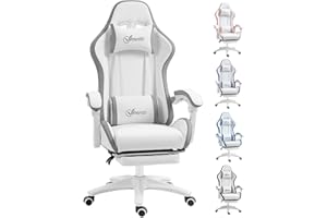 Vinsetto Computer Gaming Chair, PU Leather Office Desk Chair with Footrest, Swivel Wheels, 135° Reclining Back, Lumbar Support, Headrest for Home, White and Grey