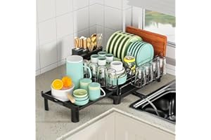 sunlight encounter Scolapiatti da Appoggio per Lavello, Scolapiatti da Cucina in Acciaio Inox con Vaschetta Sgocciolatoio, Portaposate, Scarico Acqua, Scolapiatti per Tagliere Tazza Piatto