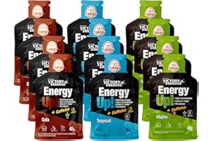VICTORY ENDURANCE PACK 12x40g Energy Up Gel con Cafeína - 4 x 3 sabores (Cola, Mojito, Tropical). Energía rápida. Alto en Carbohidratos (ratio 2:1:1). Con Extra de Sodio. Fácil de tomar. Sin Gluten.