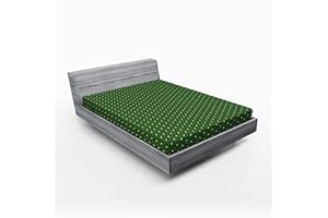 ABAKUHAUS Prześcieradło z gumką, wzór liści w kropki, miękki, dekoracyjny materiał, pościel okrągła, elastyczny ściągacz gumowy, 180 x 200 cm, zielone i kremowe