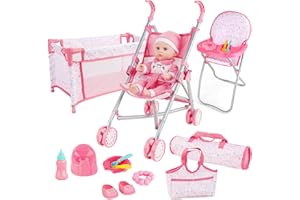 deAO Baby Doll Stroller Playset with Foldable Stroller, Travel Cot & Highchair, Doll Accessories Set Includes Travel Bag and Nursery Role Play Toys for Kids Girls Boys 3+ Years Old