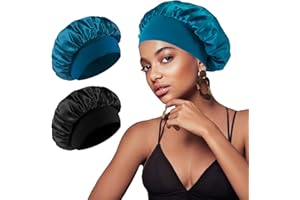 WAYMAYTECY 2 Pezzi Cappelli da Notte,Notte Bonnet Cappellon per Donna,Cuffia Seta Capelli Ricci da Doppio,Berretto da Notte Raso Elastico,Seta Cuffia per Capelli Traspirante Dormire Cappello(Nero&Blu Pavone)