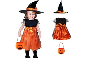 Eledreme hexenkostüm mädchen, halloween kostüm kinder mit hexenhut und Sammeltasche, kostüm hexe kinder für Halloween Karneval Maskerade Rollenspiele (90-140cm)(Orange,S)