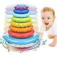 AM ANNA Stacking & Nesting Circle Toy, Infant Rainbow Stacking Rings with Sounds Newborn Toys for 1+ Year Old Boy Girl,Montessori Sensory Squeeze Play with Early Educational Learning Stacking Tower