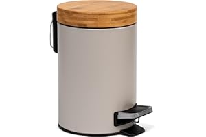 Kazai.® 3 Litros Cubo de Basura para el Baño de Diseñador - Bambú Superior | Cierre Suave | Anti-Huellas | Taupe (Claro)