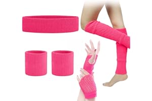 SPOKKI Leg Warmers Fishnet Gloves Headband Wristbands Neon Set, 80s Women Fancy Dress Costume Accessories, 1980s Retro Theme Party Costumes