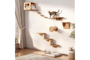 JAZUIHA Mur d'escalade pour chat XXL - Parc mural en bois 4 pièces avec grotte pour chat, pont suspendu, escalier et colonne en sisal - Meuble mural parfait pour chats domestiques