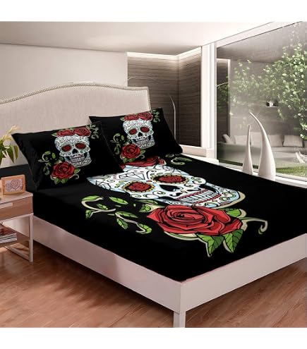 AILONEN Set Copripiumino King Size Con Teschi E Rose Rosse - 3 Pezzi Per Halloween, Microfibra Morbida - 3