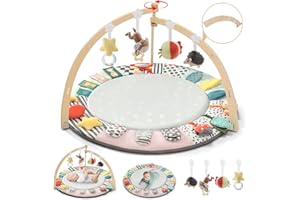 SUIHUOOO Faltbare Spielbogen Baby aus Holz – 6 Entwicklungszonen, 7 Interaktive Sensorik Spielzeug, Krabbeldecke für Baby zur Motorik & Sinnesförderung, Baby Essentials für 0-18 Monate, Babyparty Geschenk