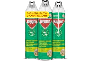 Baygon Spray con Cannuccia Extra Precision, Efficace contro Scarafaggi e Formiche, Protezione Continua fino a 4 Settimane, 3x Bombole da 400 ml