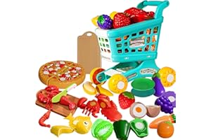 IZDUDO Giocattolo da Taglio per Bambini, 24 Pezzi Set di Cibo Finto Accessori Cucina con Frutta, Verdura, Pizza e Carrello, Giochi di Ruolo Giocattolo Educativo per Figli 3+ Anni