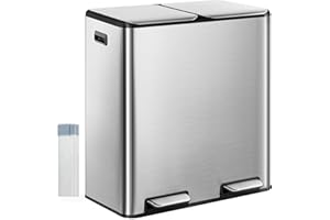 Hzuaneri Poubelle Cuisine, 60L (2 x 30 L), Poubelle Tri Selectif 2, Poubelles Tri avec Pédale Acier Inoxydable, Ilencieux et retombe Lentement, avec 15 Sacs Poubelles, pour Cuisine, Argent SW06099E