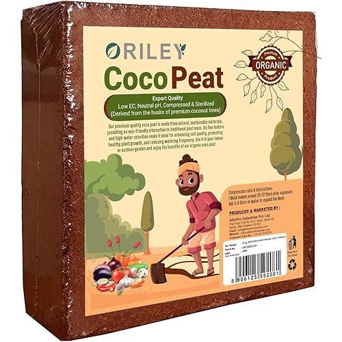 Oriley 5 Kg 100% Natural Cocopeat Block for Garden Plants Organic Agricultural Compost Coco Peat for Indoor & Outdoor Fertilizer Kitchen Terrace Gardening Khaad (Expands Upto 75 litres of Powder)