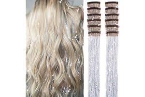 PORSMEER 12Pcs Clip in Hair Tinsel Kit,Colorful Silver Glitter Tinsel Extensions Fairy Hair with Clips, Sparkling Shiny Accessories 20 Inch for Women