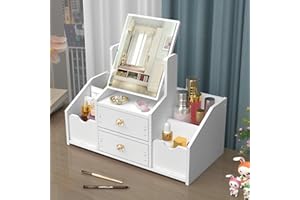TFSZE Organizzatore Trucchi,Organizzatore Cosmetico,Cassetto Domestico Con Specchio Per il Trucco Scaffale Organizzatore Porta Trucchi Organizer da Tavolo Bianco,Per Toletta/Camera da Letto/Bagno