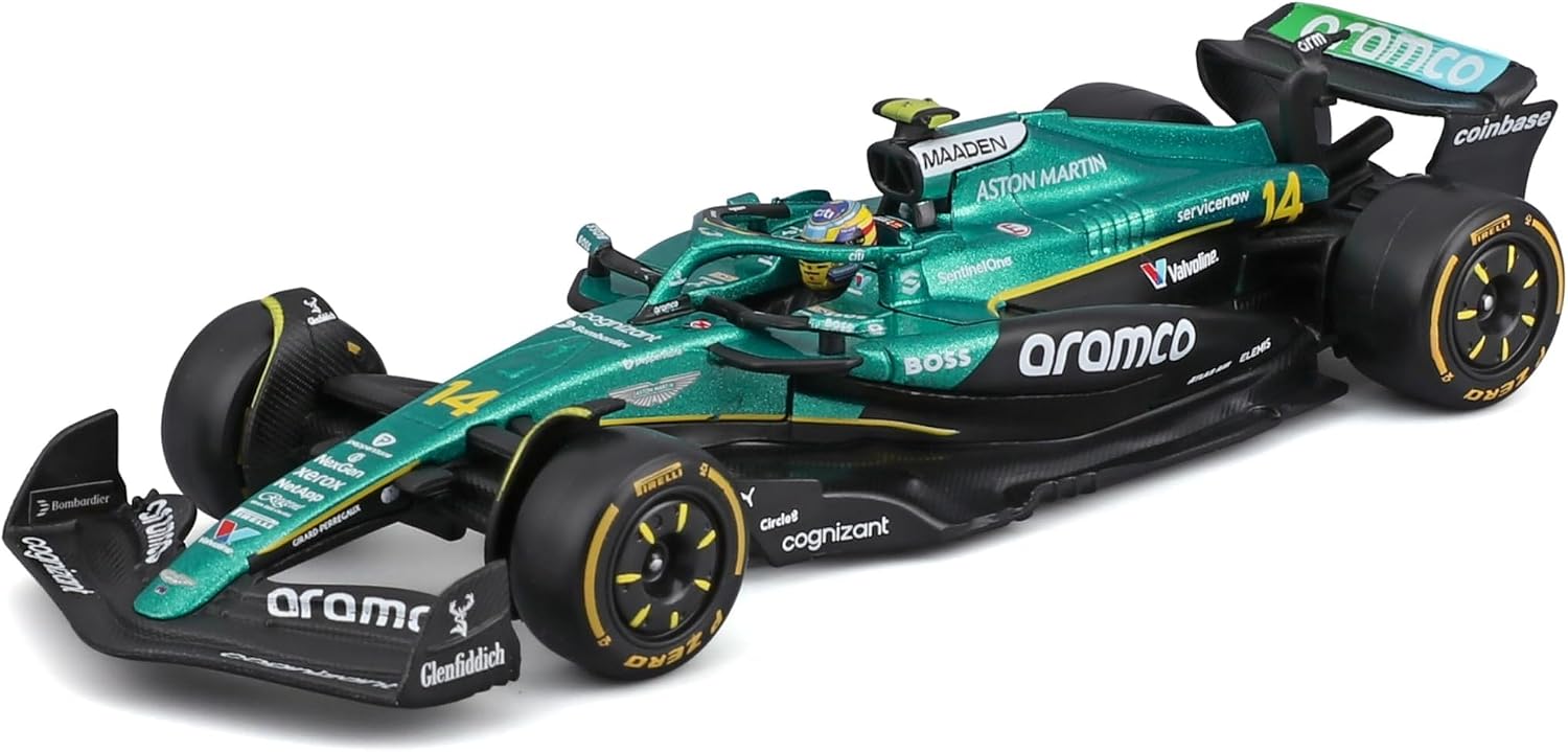 Bburago - Aston Martin AMR25 Fórmula 1 2025#14 Alonso, Modelo de Coche Diecast a Escala 1:43 con Casco y Vitrina, réplica Oficial de F1, Detalles realistas, Edad Recomendada 14+ años