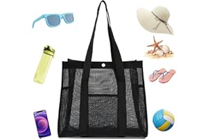 Sztqqing Borsa da Spiaggia in Rete Grande, Pieghevole e Multi Tasche – Ideale per Famiglia, Viaggi, Piscina, Picnic e Uso Quotidiano, Nero