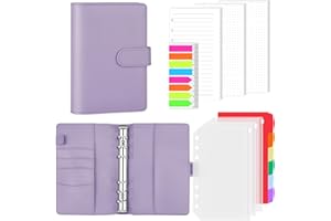 AKONEGE A6 6 Ring Binder PU Leather Refillable Notebook with 135PCS A6 Refill Papers, 3PCS Binder Pockets, 6PCS Index Dividers, Sticky Tabs, Planner Organizer for Travel Work School, Purple