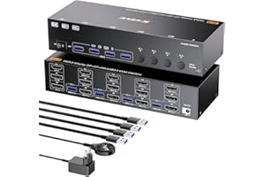 ESKEVE Commutateur KVM 8K 60Hz 4 PC 3 moniteurs, HDMI + 2Displayport KVM Commutateurs 3 moniteurs pour 4 ordinateurs qui partagent 3 moniteurs et 4 ports USB 3.0, télécommande filaire incluse