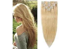 Elailite Clip in Hair Extensions Real Human Hair Remy Natural Hair - 8 Pieces (Thin Weft) Full Head Straight - #613 Bleach Blonde - 22 Inch (75 g)