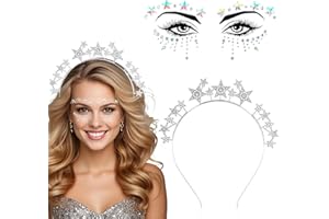 BOOCOOBERG Space Kostüm Damen,Haarreif Glitzer,Sterne Haarreif Silber+Glitzersteine Gesicht,Alien Haarreif,Festival Glitzer Gesicht Space Girl Kostüm Damen Mädchen Haarreif Karneval Party Zubehör (Silbrig)