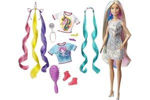 Barbie Fantasy Hair Doll, Barbie Doll with Colourful Blonde Hair, Unicorn Hair Crown and Mermaid Hair Crown, Doll Accessories, Toys for Ages 5 and Up, One Doll, GHN04
