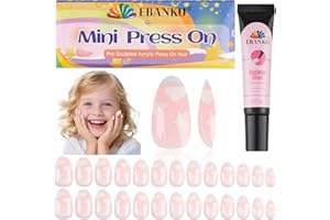 EBANKU 26 piezas de uñas postizas para niños, rosa almendra cobertura completa kit de puntas de uñas acrílicas con pegamento para uñas postizas artificiales cortas para niñas