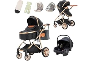 Lnhcrbs Passeggino 3 in 1, Cestino Letto Del Passeggino Leggero Ripiegabile, Passeggino da Viaggio è Reversibile in Entrambe Le Direzioni, Maniglia Regolabile, Parapioggia, Zanzariera, 0-3 Anni