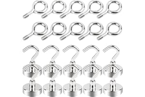 MIN CI 10+10pcs Magnethaken Extra Stark, 25mm Magnete Stark 22kg Magnetisch Haken, Neodym Magnet mit Haken Ösenmagnet von 2 Arten Rund Starke Magnete für Camping Garage Rostfrei Grill