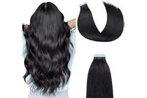 ‎AGMITY AGMITY Tape in Extensions Echthaar, Remy Tape Haarverlängerungen Tief Schwarz 20pcs 50g 22 Zoll Invisible Seidig Gerade Skin Weft Tape Ins(55cm #1 Tief Schwarz)