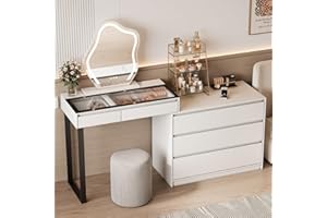 BROTTAR Vanity Dressing Tables with LED Mirror, Vanity Table Makeup Desk with Glass Top, Storage Cabinet, 5-Drawers Makeup Organiser, Modern L-Shaped Dresser for Bedroom